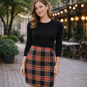J.Crew SZ 2 Tartan Cotton Sateen Pencil Skirt In Stewart Tartan Black & Red NWT